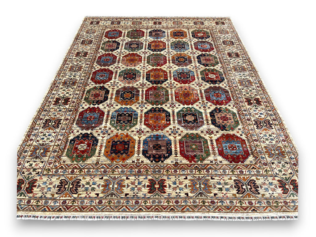 Full view of gallery rug showcasing symmetrical compartment arrangement and natural dye colors