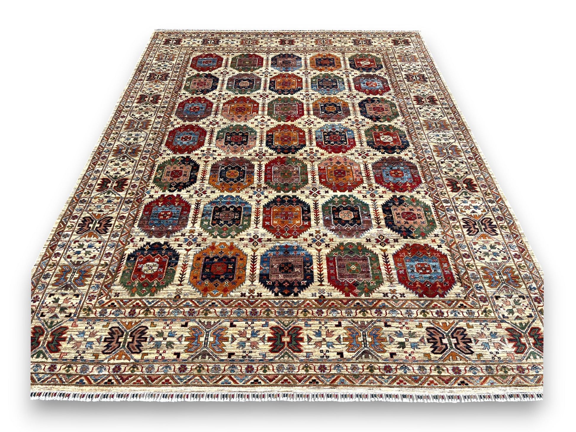 Full view of gallery rug showcasing symmetrical compartment arrangement and natural dye colors