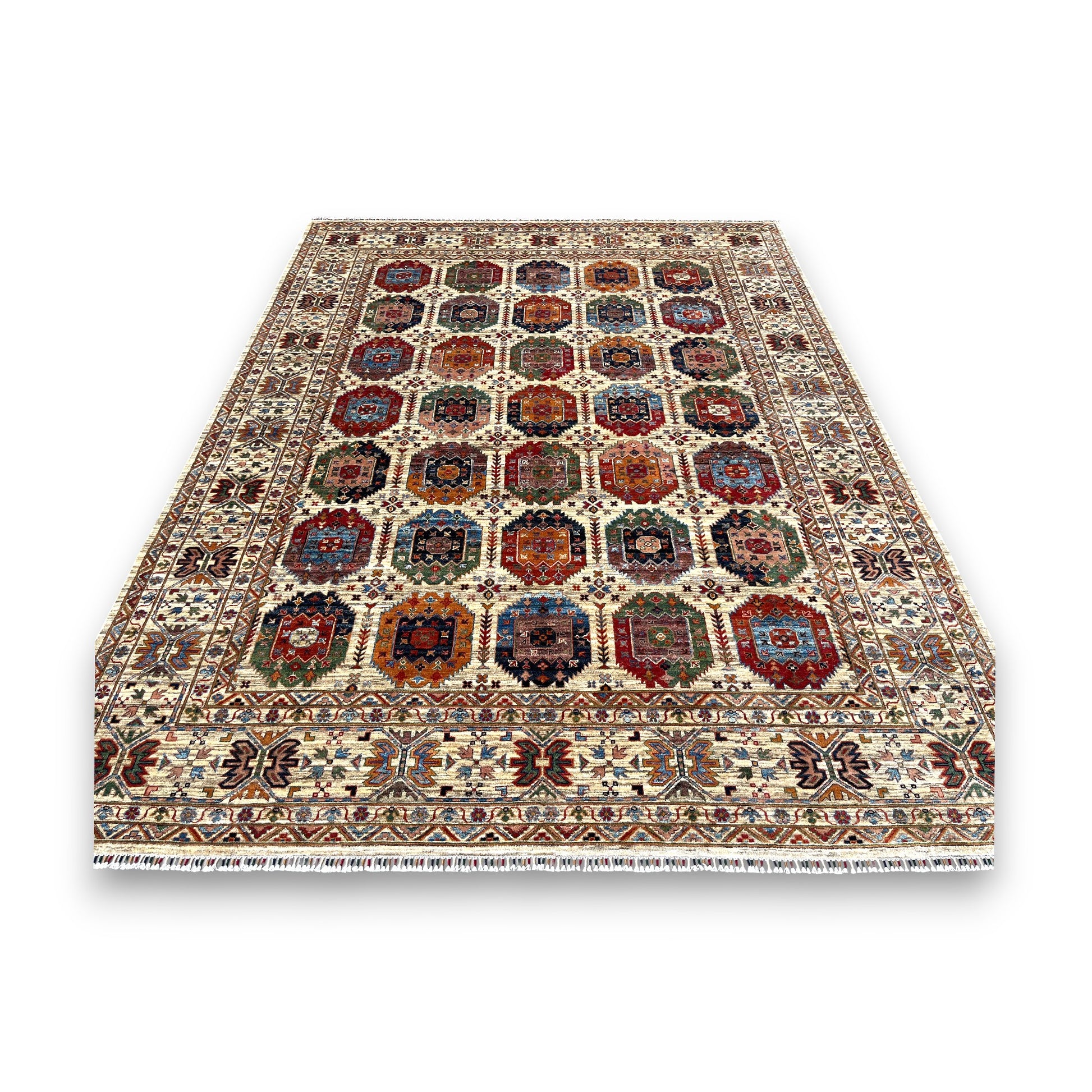 Afghan gallery rug with geometric compartments containing colorful motifs on cream background