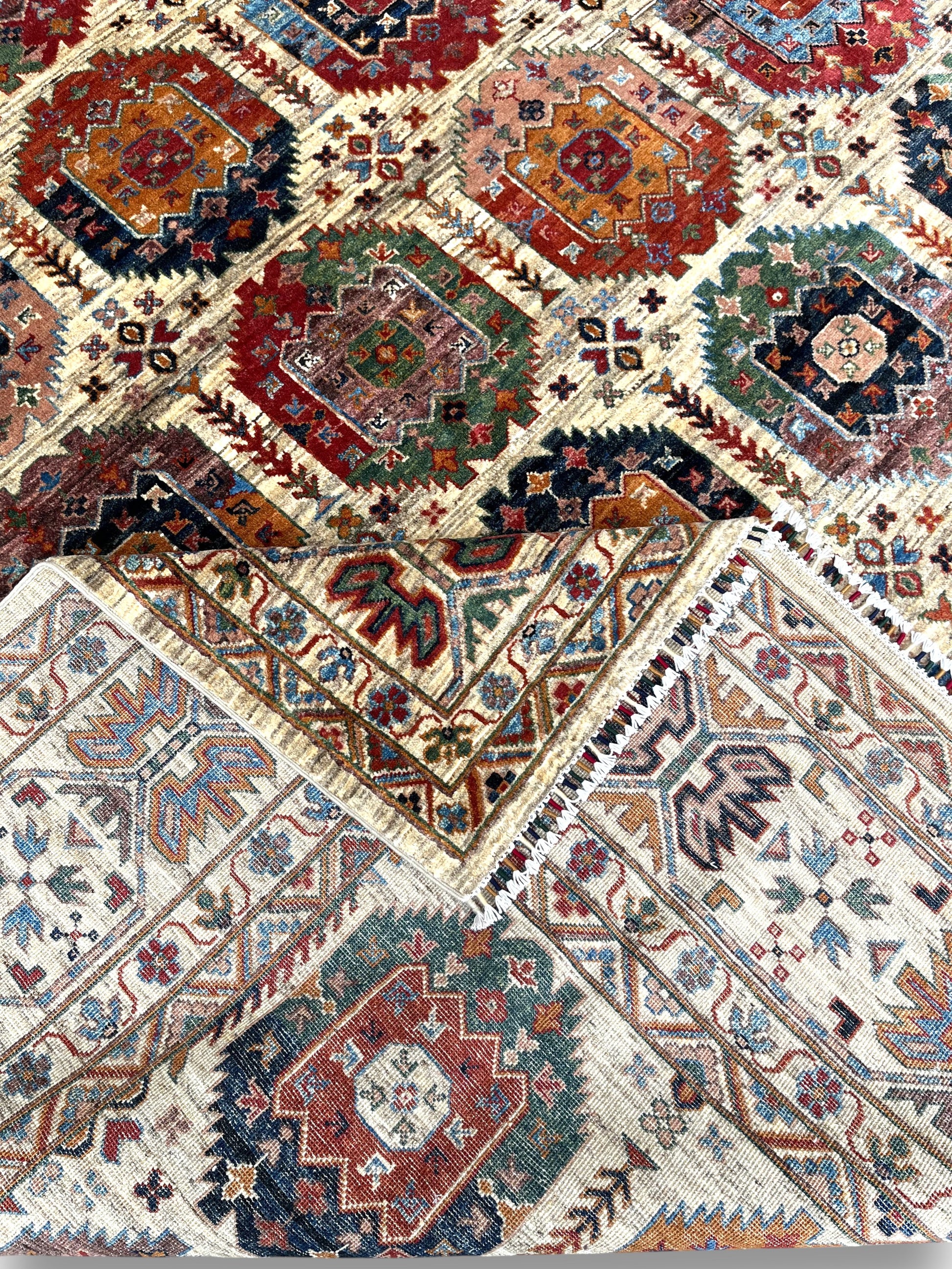 Vertical perspective of gallery rug highlighting geometric pattern depth and wool texture quality