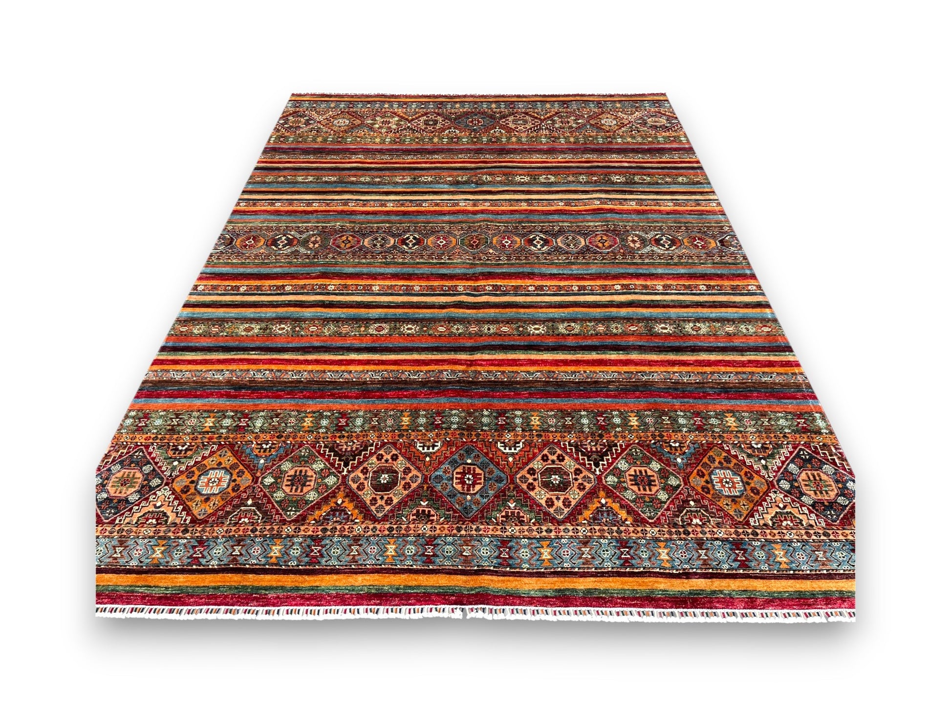 Large Afghan horizon rug displayed in elegant room setting showing linear stripe pattern and generous scale