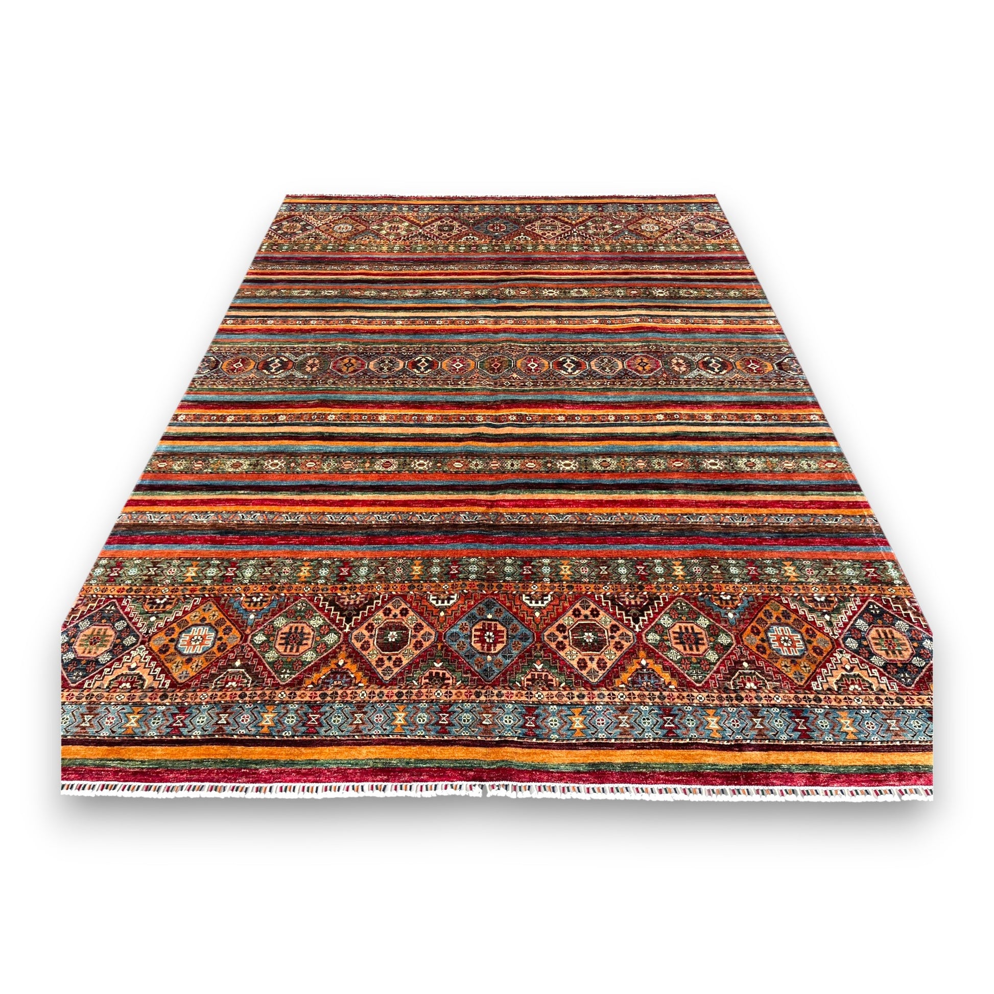 Afghan horizon rug with horizontal stripes featuring geometric patterns and solid earth tones on white background