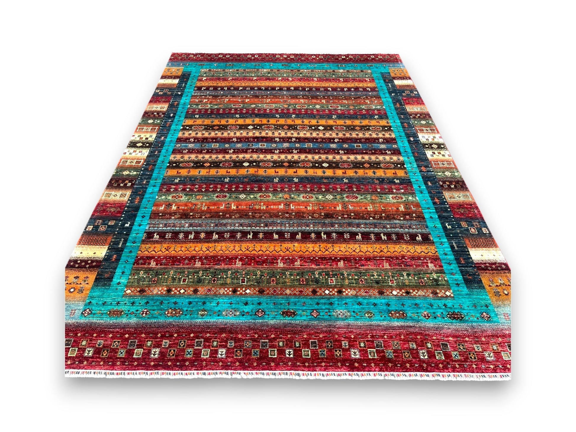Large Afghan prism rug displayed in elegant room setting showing vibrant color spectrum and generous scale
