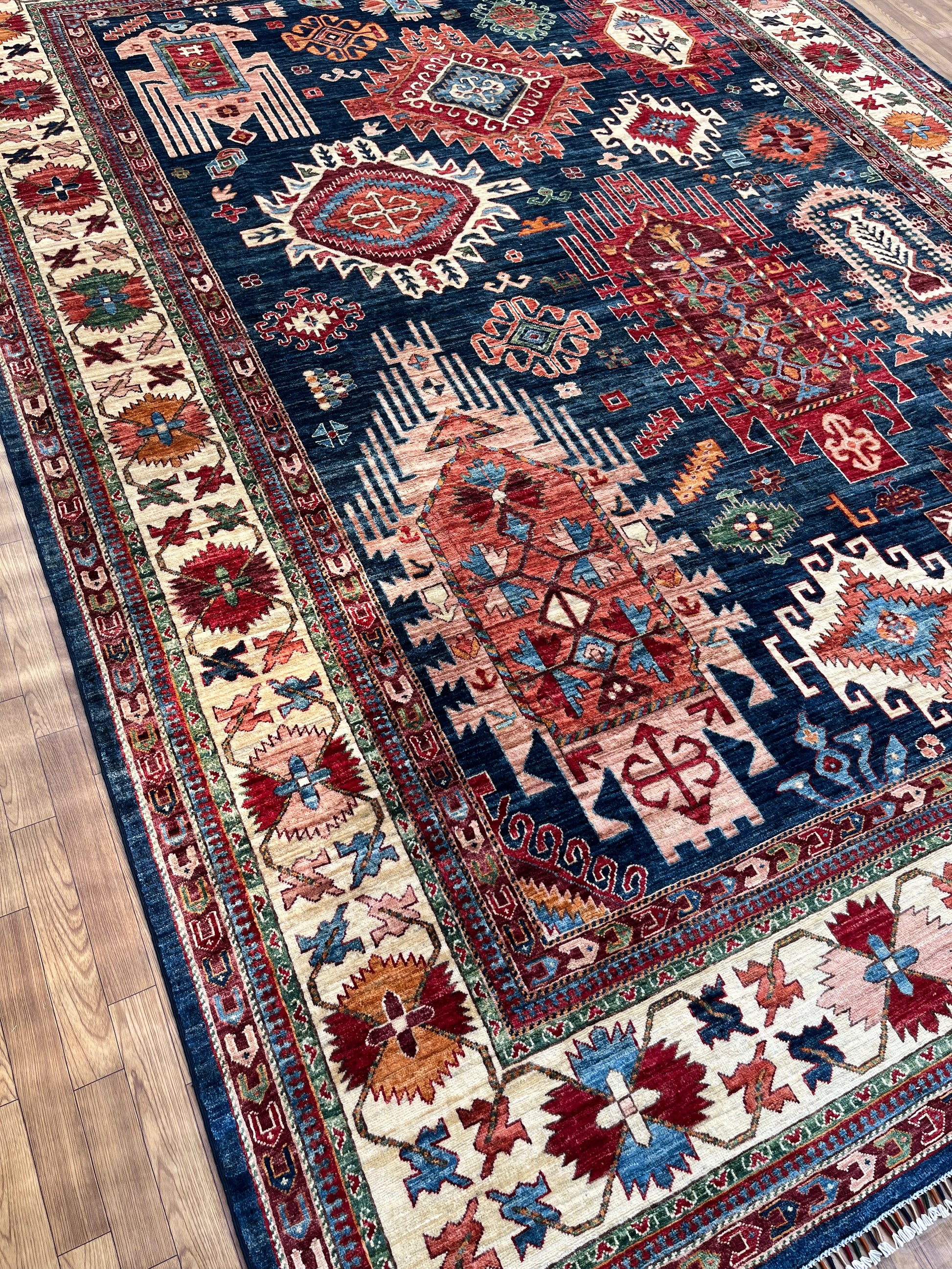 Close-up of Ghazni Rug, an authentic Afghan hand-woven wool rug with intricate traditional patterns, eco-friendly dyes, and artisan craftsmanship.