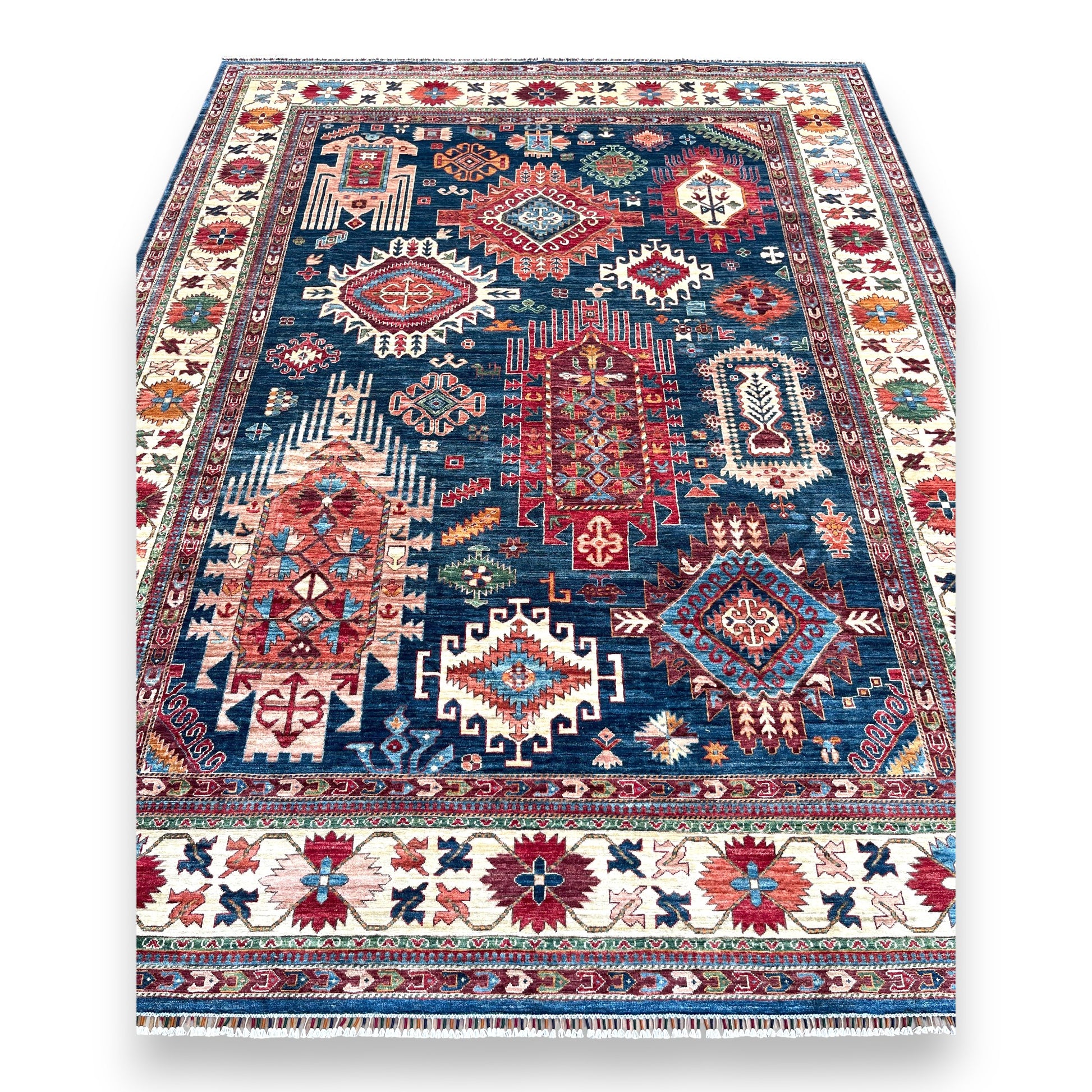 Close-up of Ghazni Rug, an authentic Afghan hand-woven wool rug with intricate traditional patterns, eco-friendly dyes, and artisan craftsmanship.