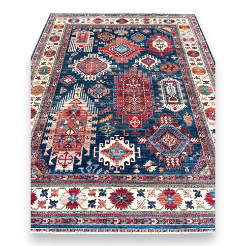 Close-up of Ghazni Rug, an authentic Afghan hand-woven wool rug with intricate traditional patterns, eco-friendly dyes, and artisan craftsmanship.