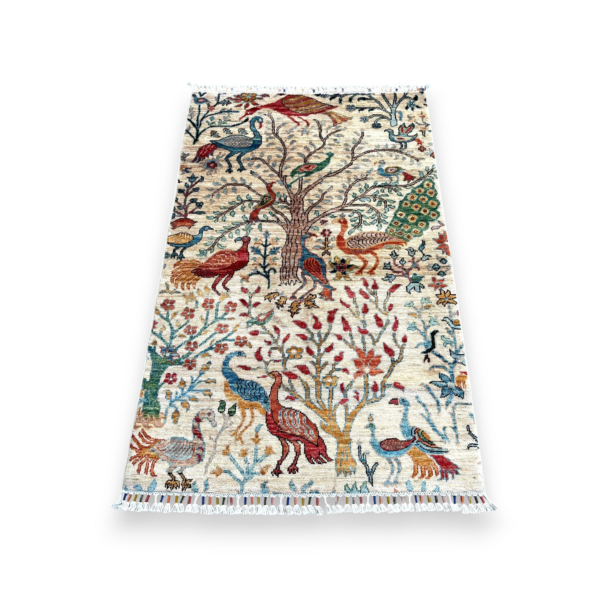 Hand-woven Jowzjan Afghan wool rug featuring intricate traditional patterns, crafted with natural dyes and 100% wool, displayed on a wooden floor.